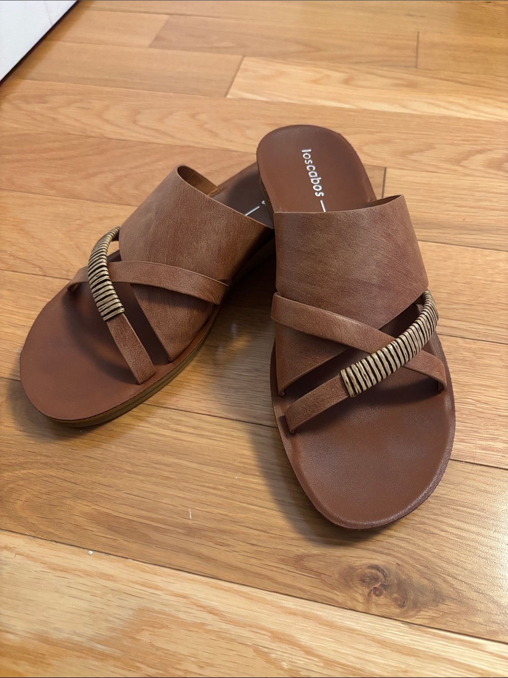 Tommy Bahama Tan Brown Leather Slide Sandals with Wrapped Accent
